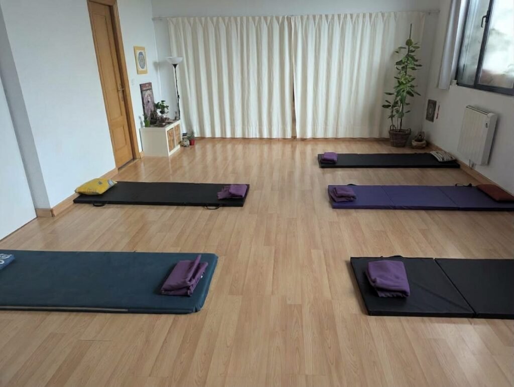 Sala preparada con colchonetas y mantas para una ceremonia de Ayahuasca de día en Madrid